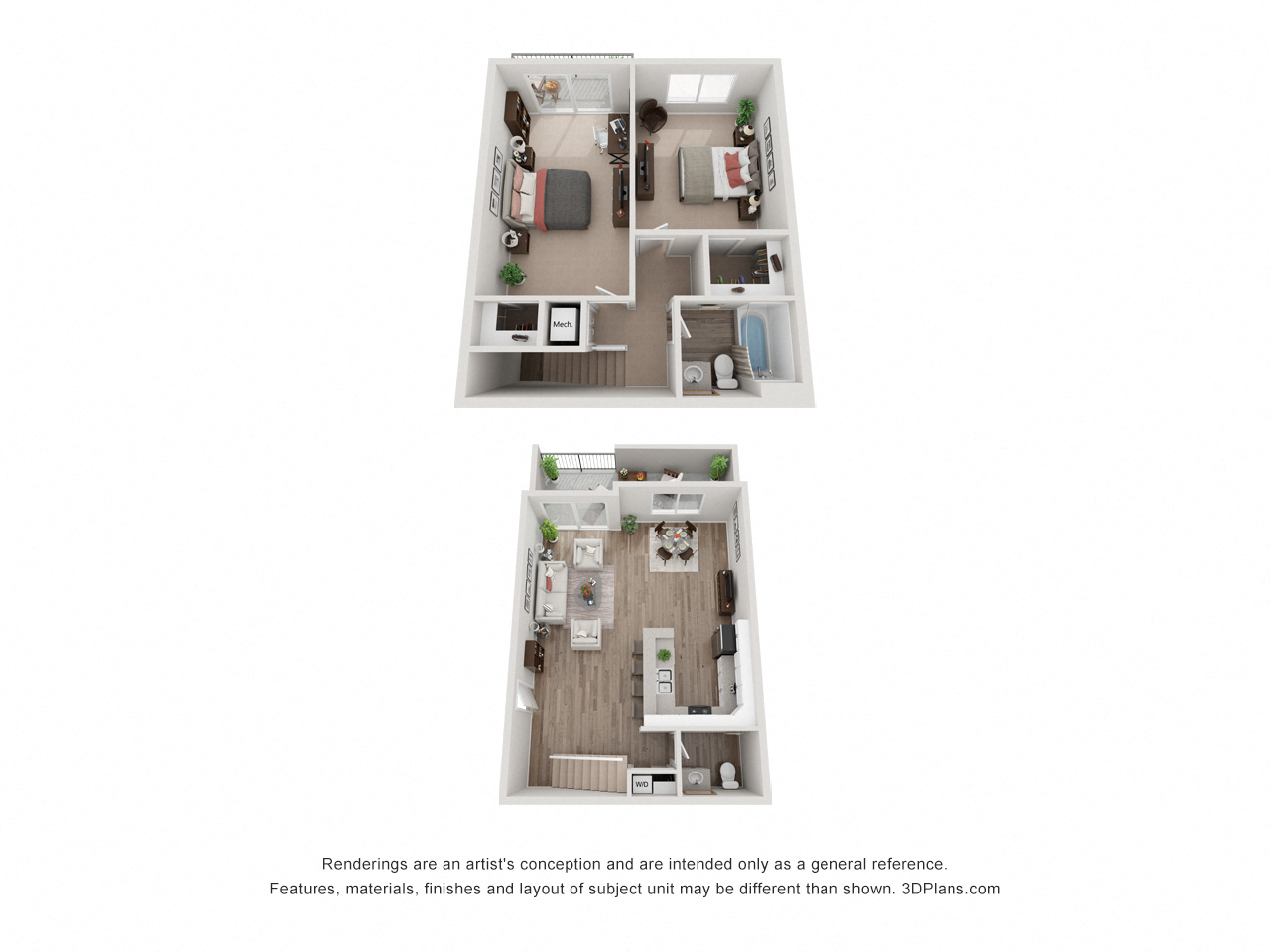 Floor plan for 2 beds, 1.5 baths, 1100 sqft